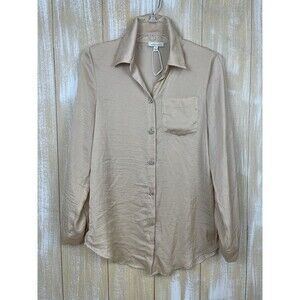 Alex & Lili Women's S Blouse Champagne Silky Long Sleeve Rhinestone Button Down